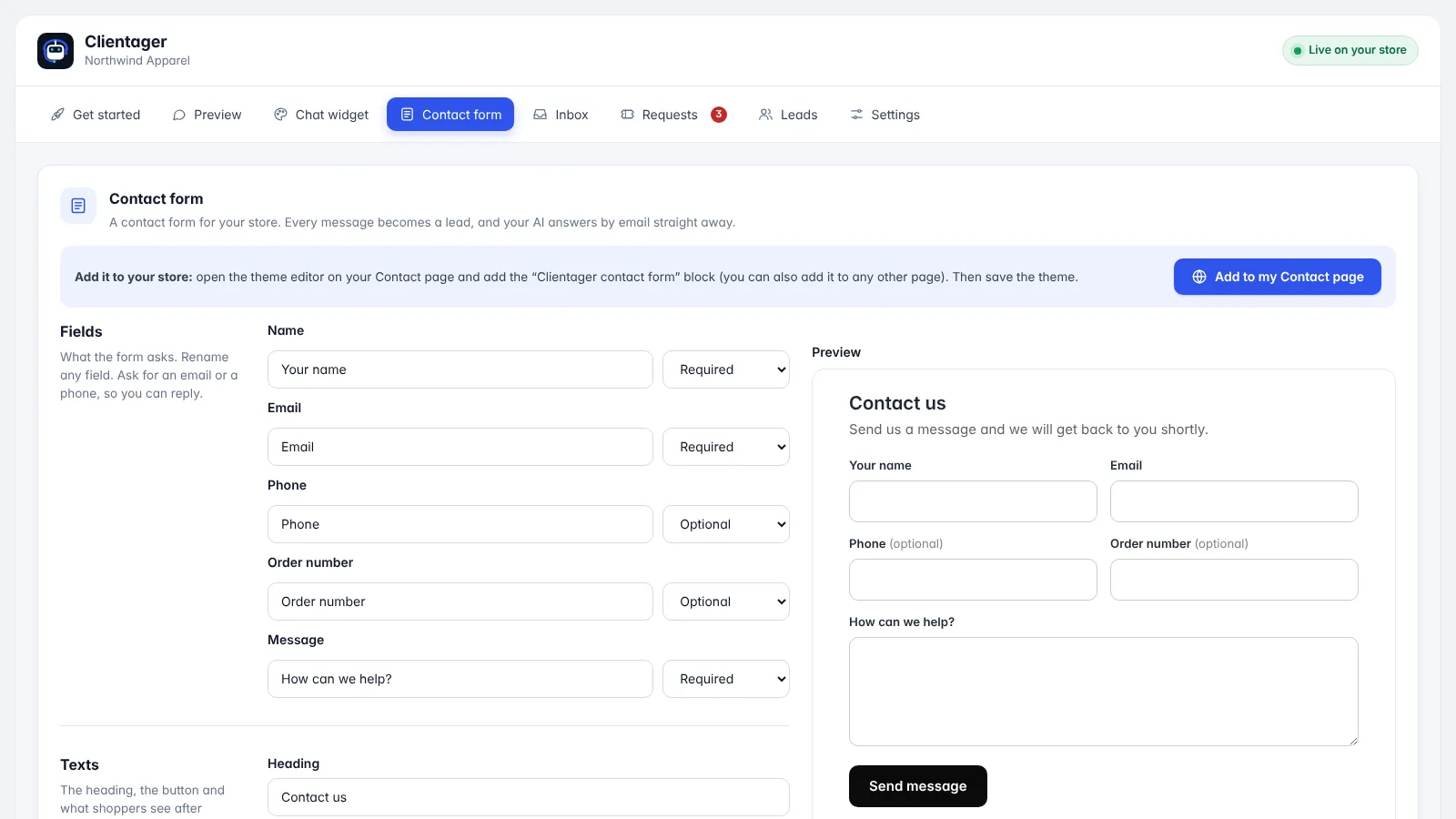The Clientager contact form for Shopify with a live preview