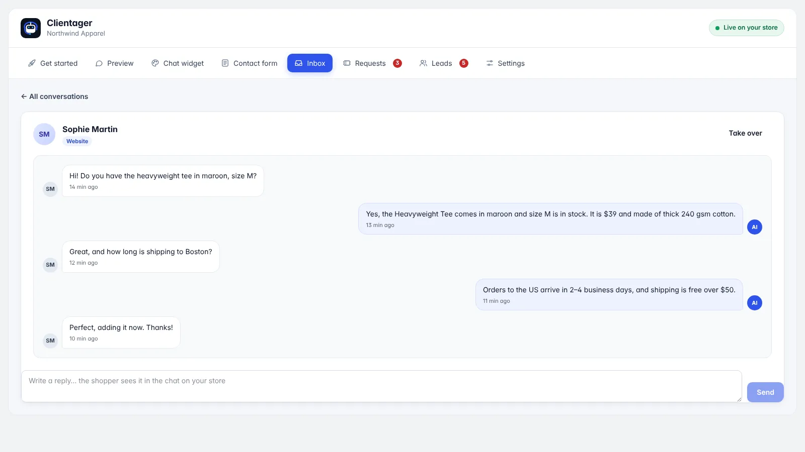 Inbox with human takeover in the Shopify app