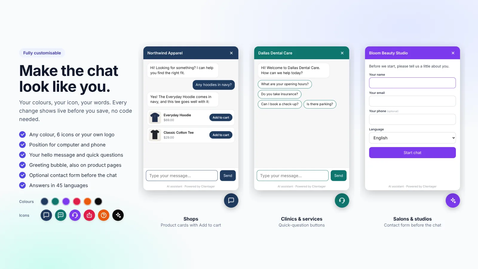The chat in three different looks: colours, icons and messages