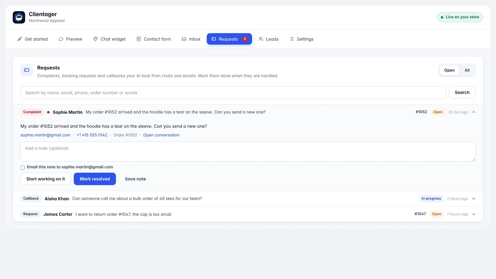 Requests: complaints, returns and callbacks in the Shopify app