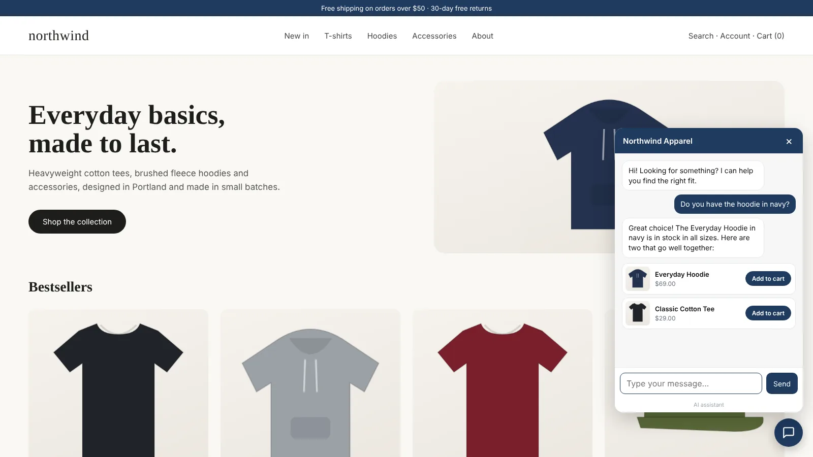 The Clientager chat on a Shopify store showing product cards with Add to cart